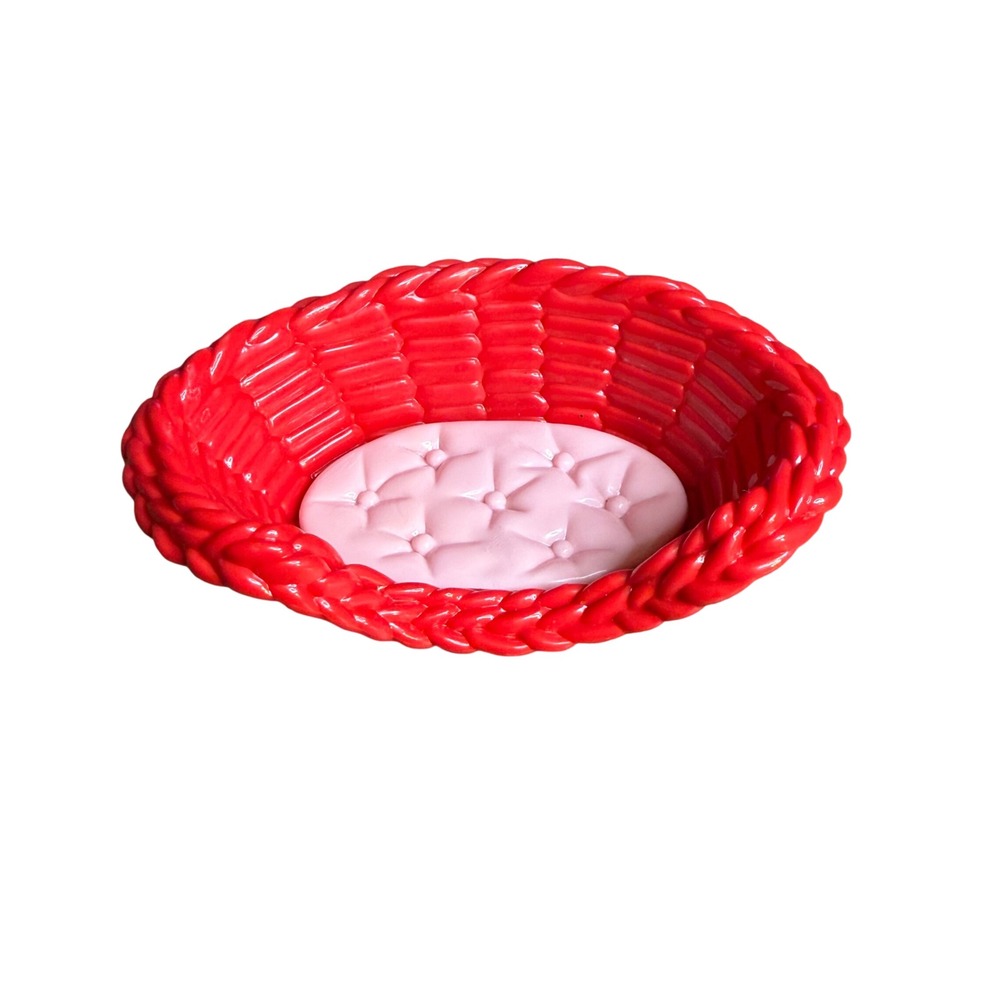 1998 Mattel Red Woven Basket Pink Tufted Pillow Doll Accessory